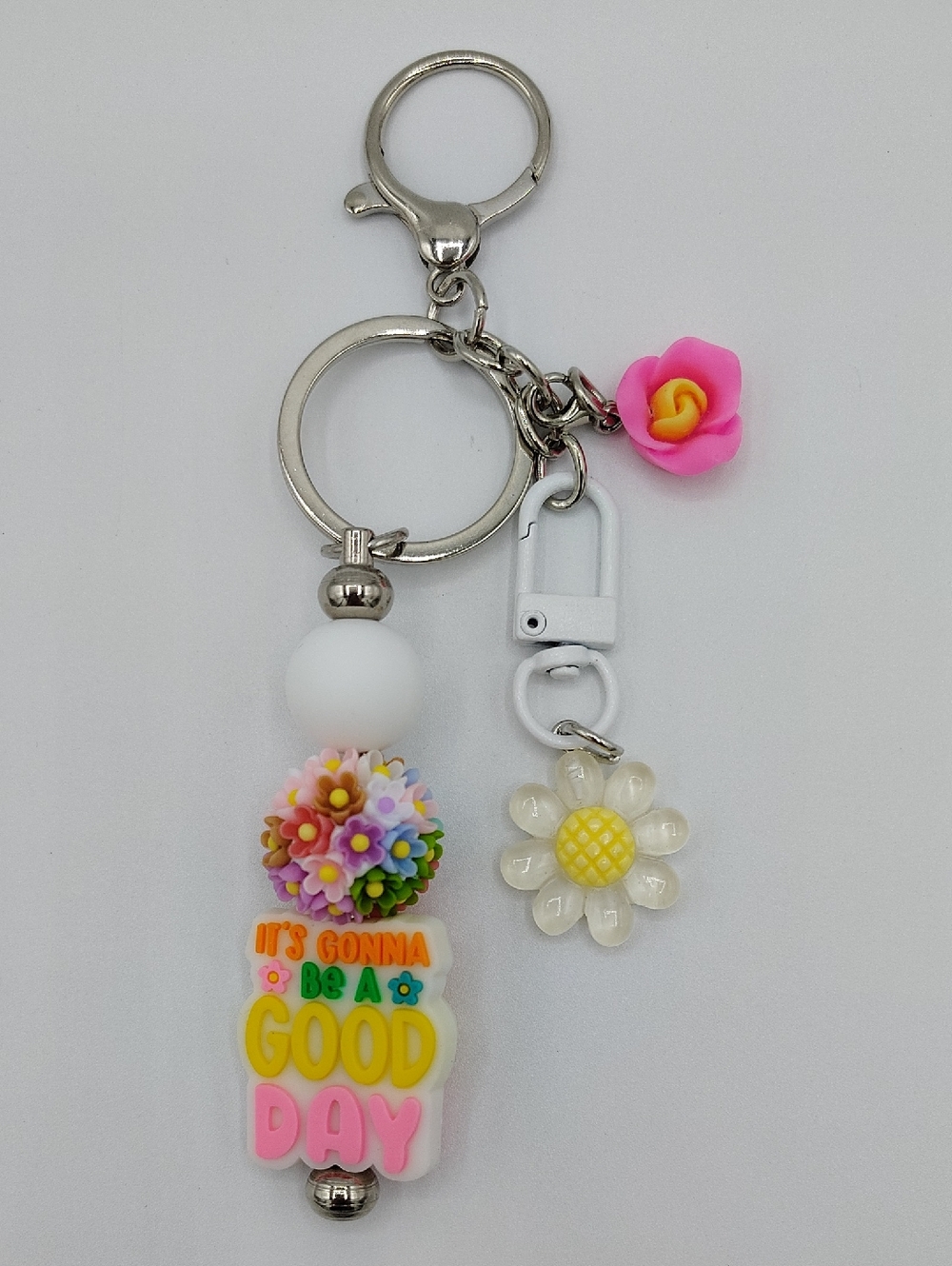 Handcrafted Colorful Motivational Keychain & Bag Charm - Pink & White Floral